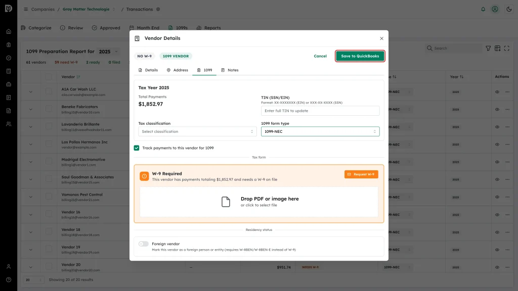 Highlighted Save to QuickBooks button in the Vendor Details header