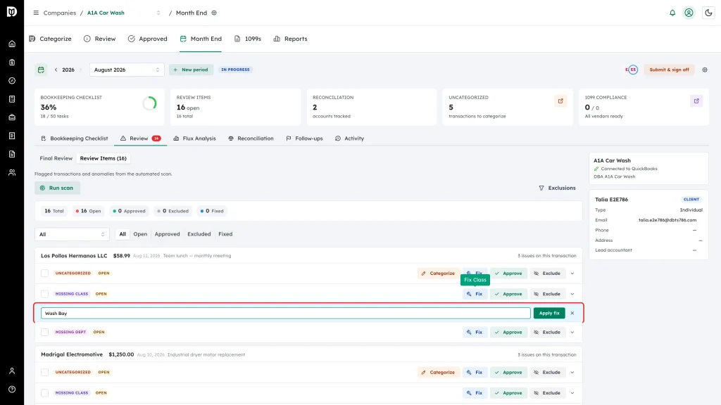 Highlighted inline fix field and Apply fix button on a flagged item