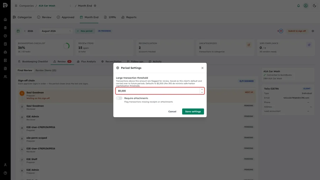 Highlighted Large transaction threshold field in the Period Settings window