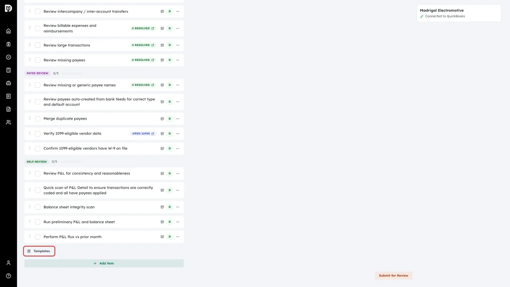 Highlighted Templates button below the checklist