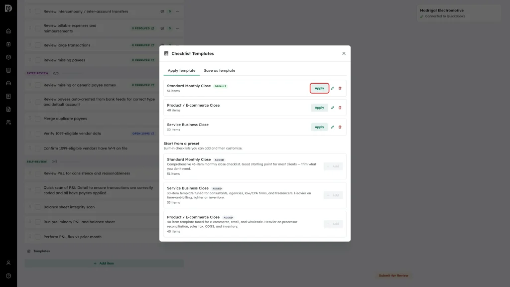 Highlighted Apply button next to a saved template