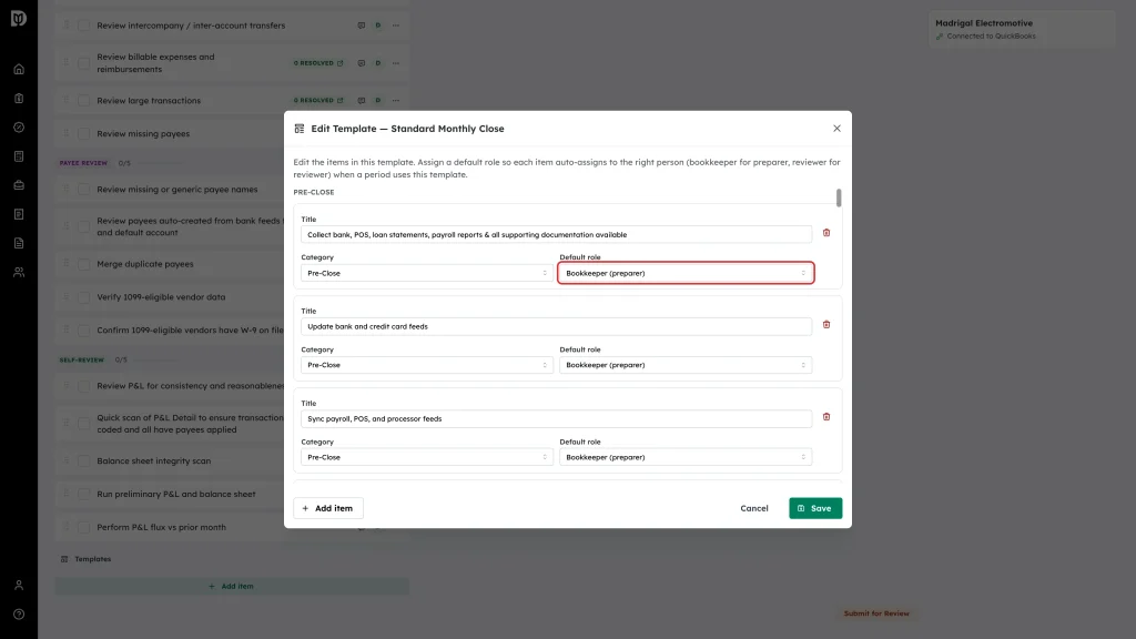 Highlighted Default role field for a task in the Edit Template window