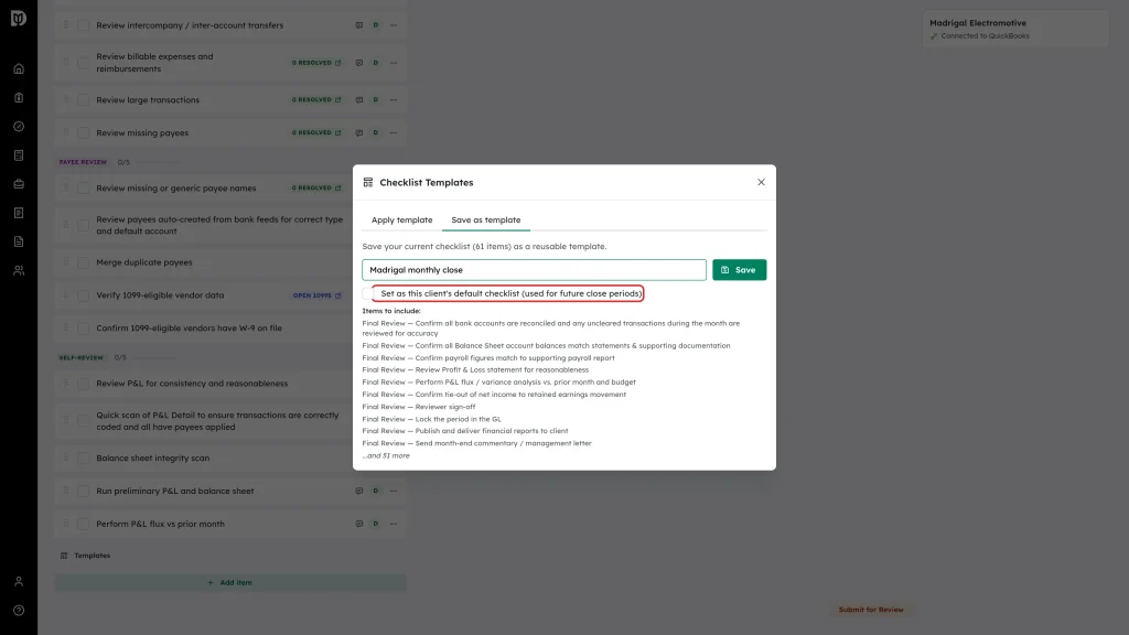 Highlighted client default checkbox on the Save as template tab