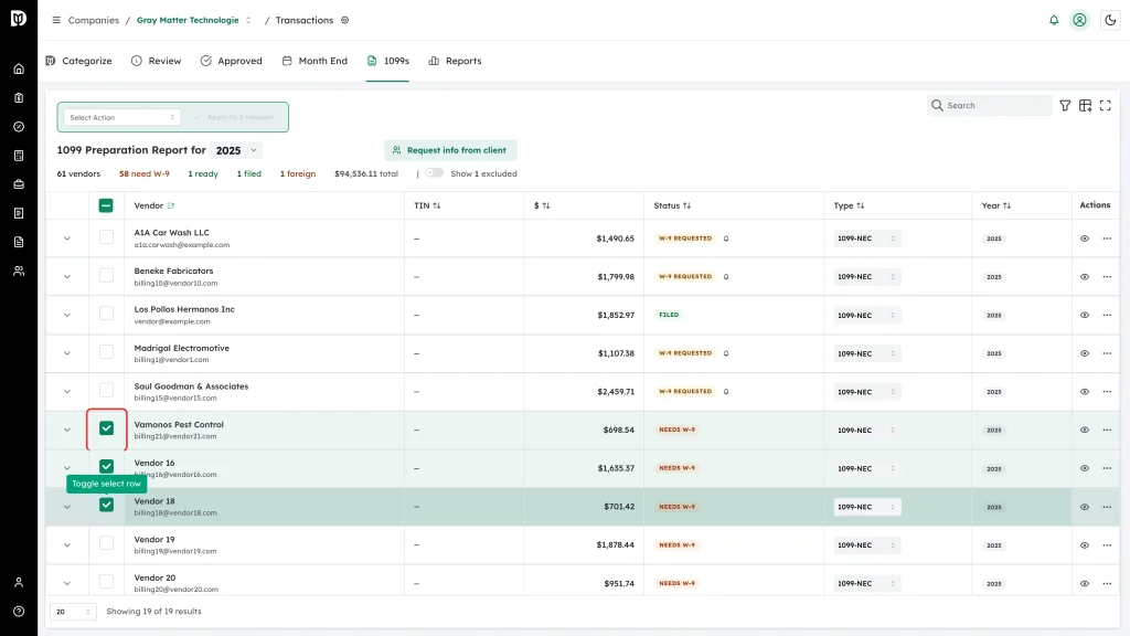 Highlighted row checkbox with three vendor rows selected