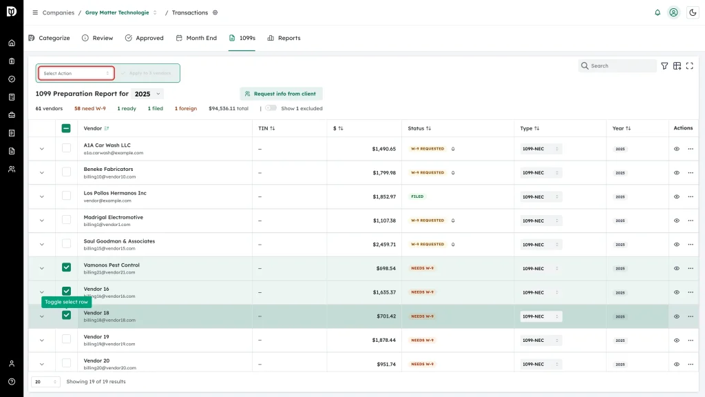 Highlighted Select Action list above the vendor table