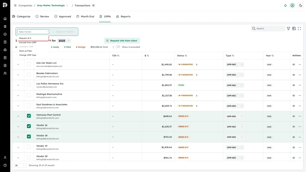 Highlighted Request W-9 option in the bulk action list