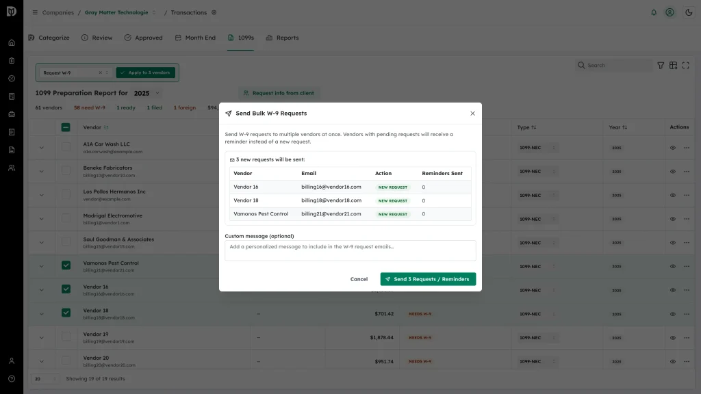 Send Bulk W-9 Requests window listing the vendors, their emails and New Request badges