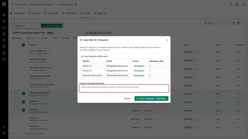 Highlighted Custom message box in the Send Bulk W-9 Requests window