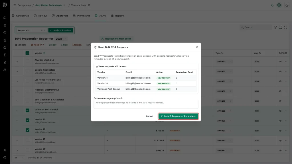 Highlighted Send 3 Requests / Reminders button
