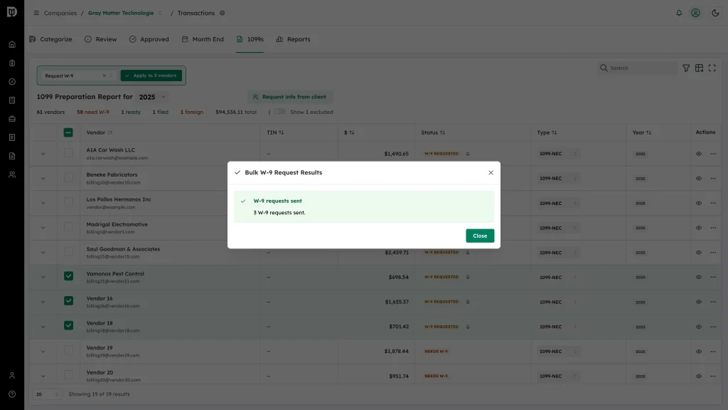 Bulk W-9 Request Results window confirming three W-9 requests sent
