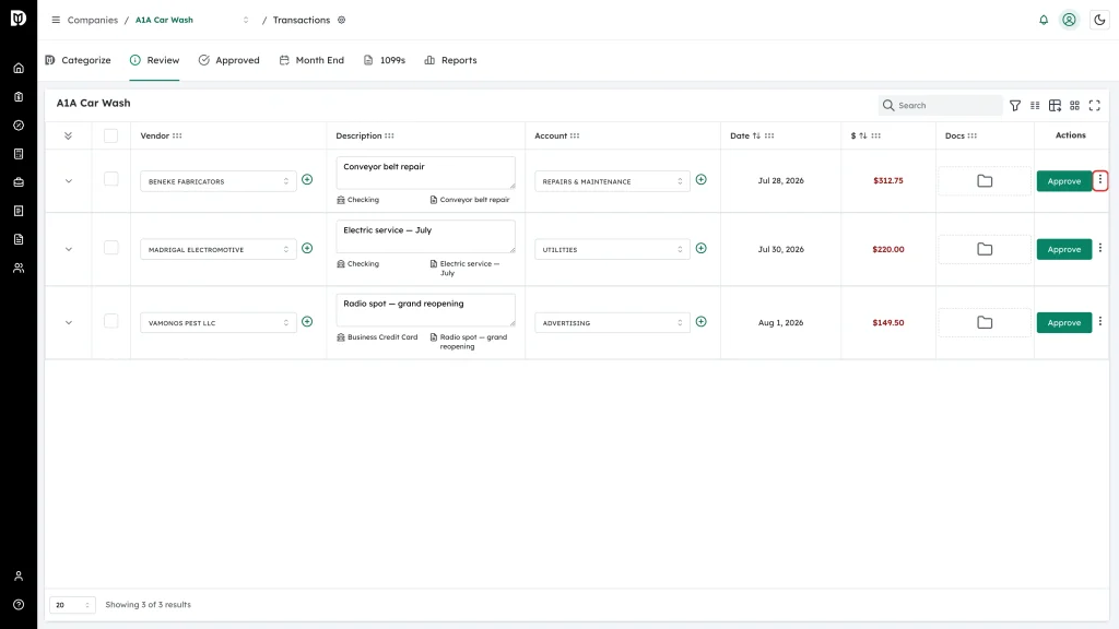 Three-dot more actions button at the right of the first transaction row