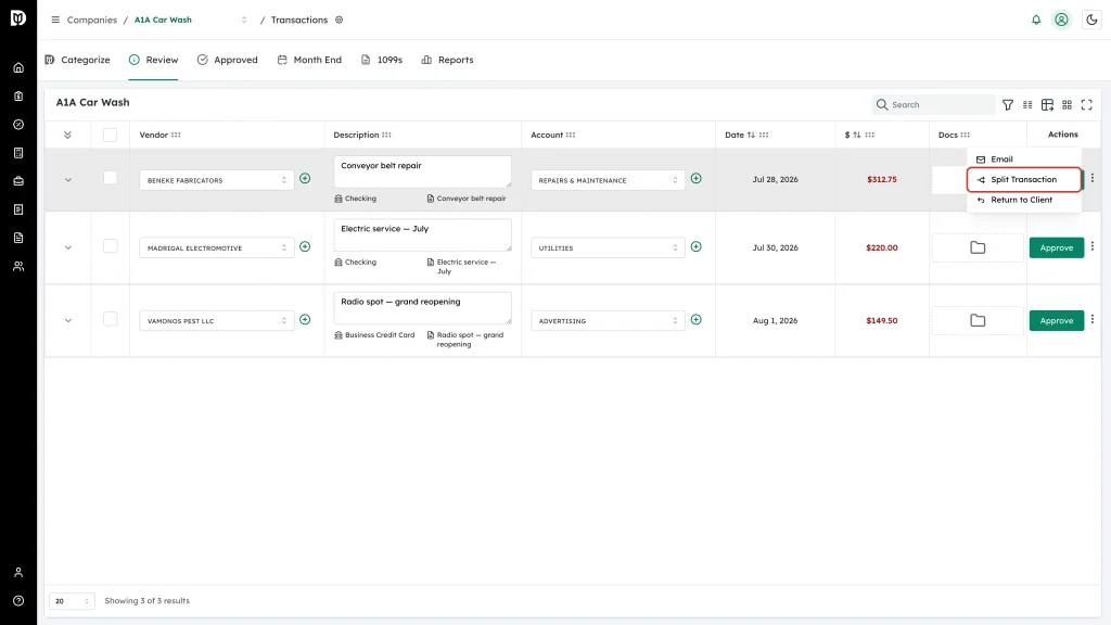 Split Transaction item in the row actions menu