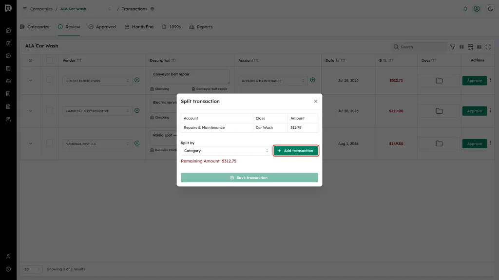 Add transaction button beside the Split by drop-down