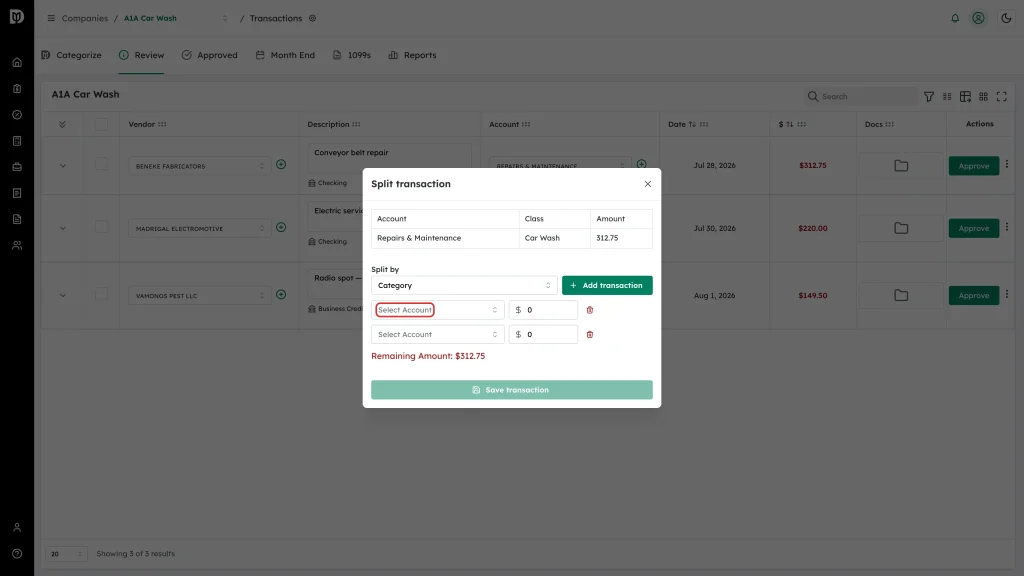 Select Account picker on the first split line