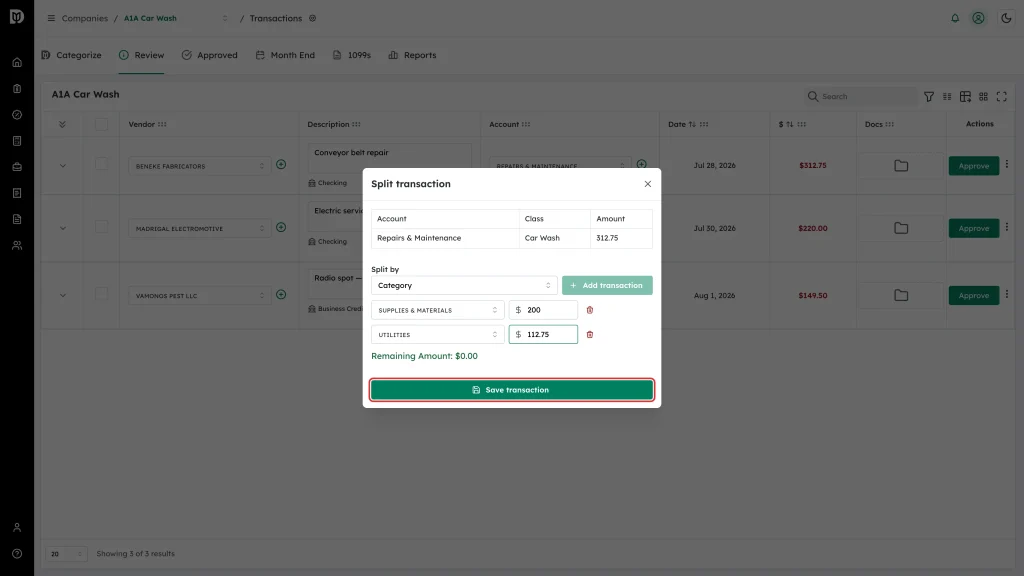 Save transaction button at the bottom of the Split transaction window