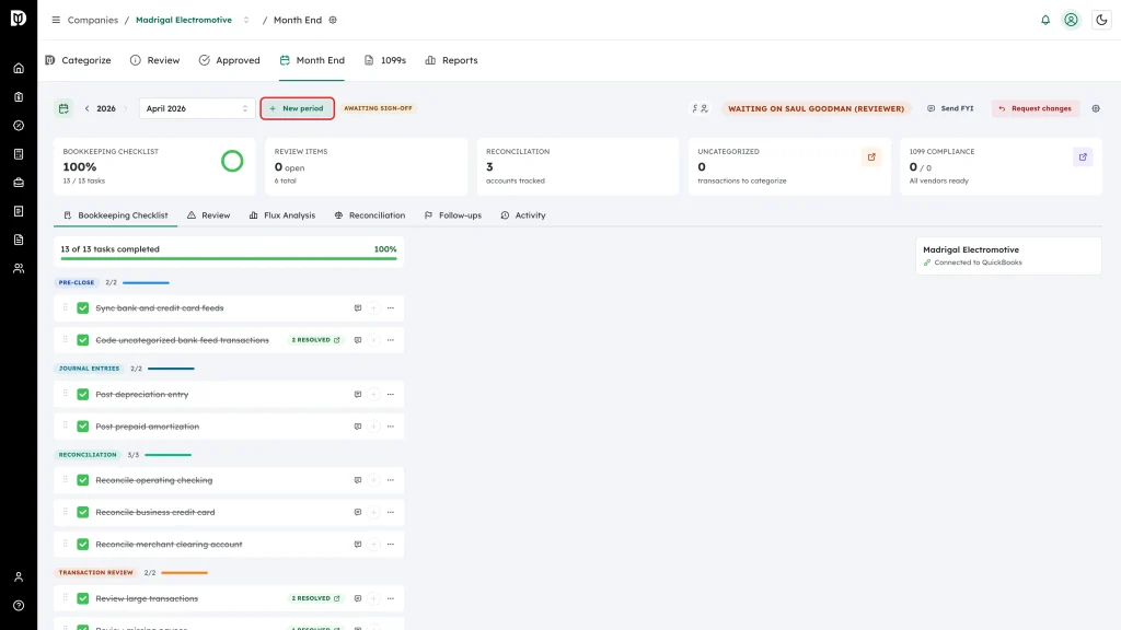 Highlighted New period button in the workspace header