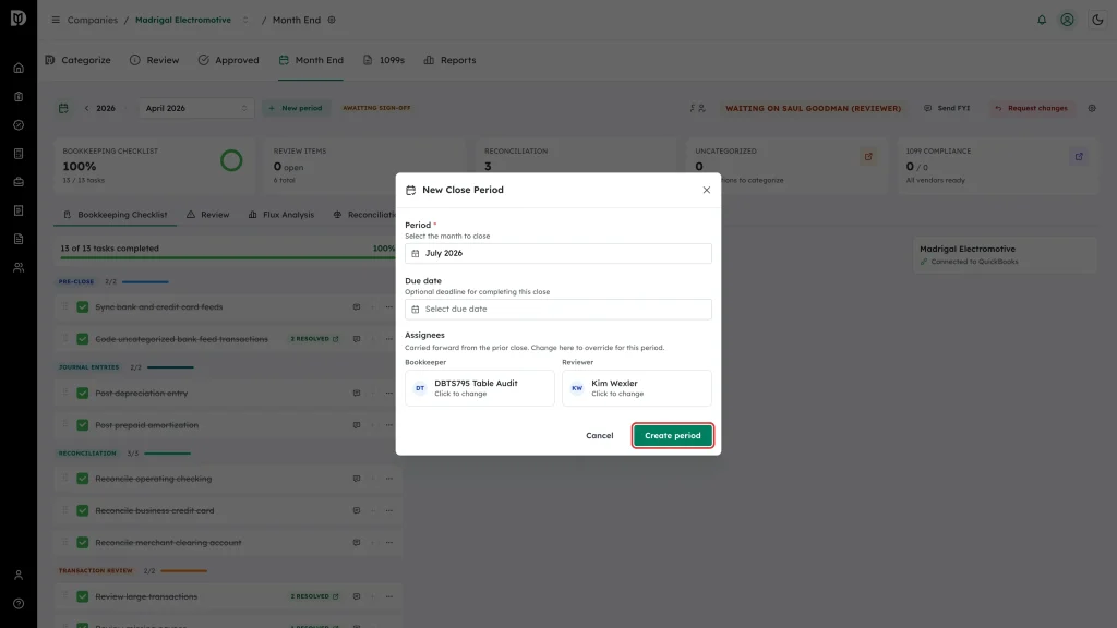 Highlighted Create period button in the New Close Period window