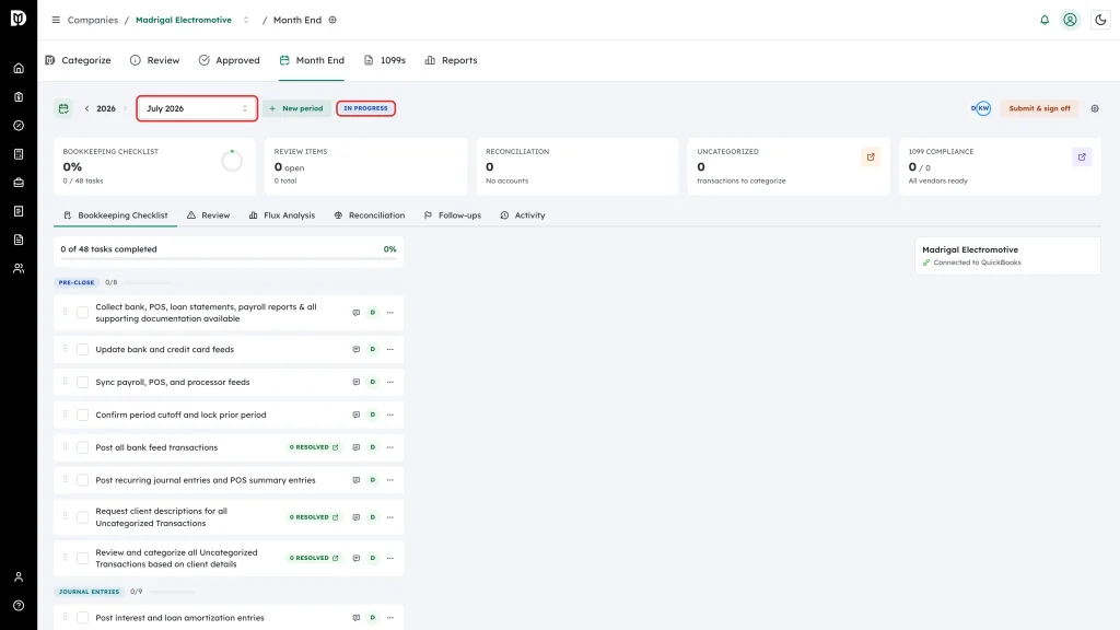Highlighted period dropdown and In Progress status badge in the workspace header