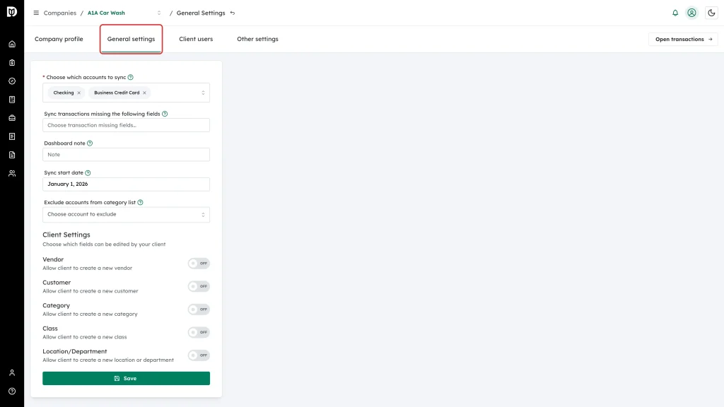 General settings tab in the company settings tab bar