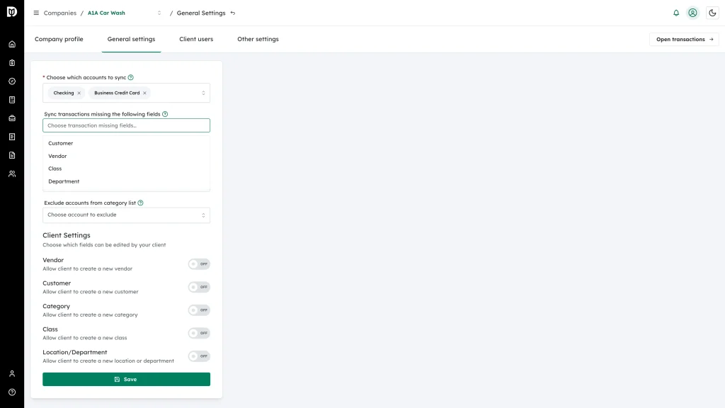 Drop-down listing Customer, Vendor, Class and Department options