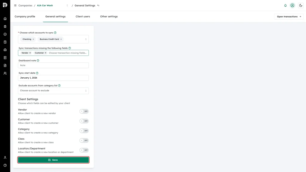 Save button below the settings form, with Vendor and Customer tags in the missing fields box