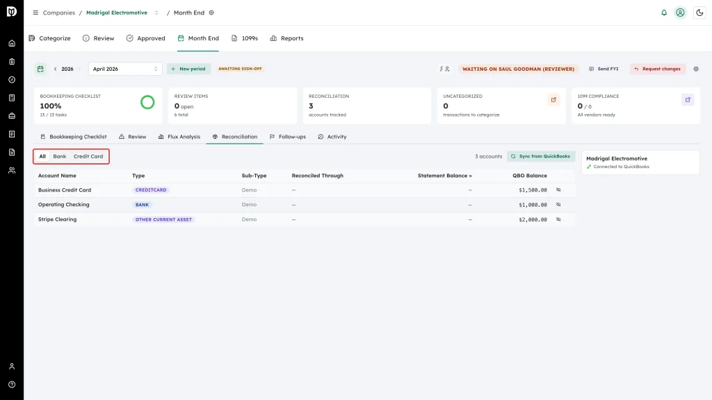Highlighted All, Bank, and Credit Card account-type filter