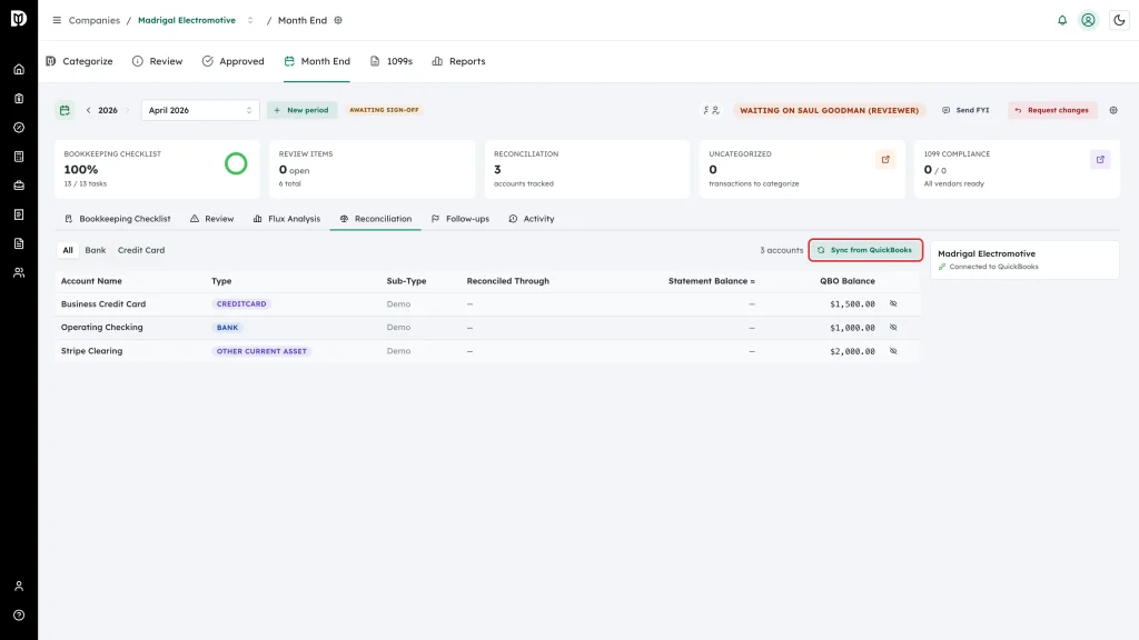 Highlighted Sync from QuickBooks button above the reconciliation table
