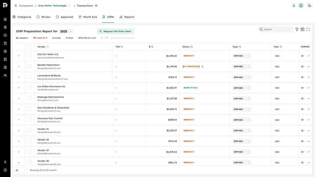 Highlighted W-9 Requested badge on a vendor row