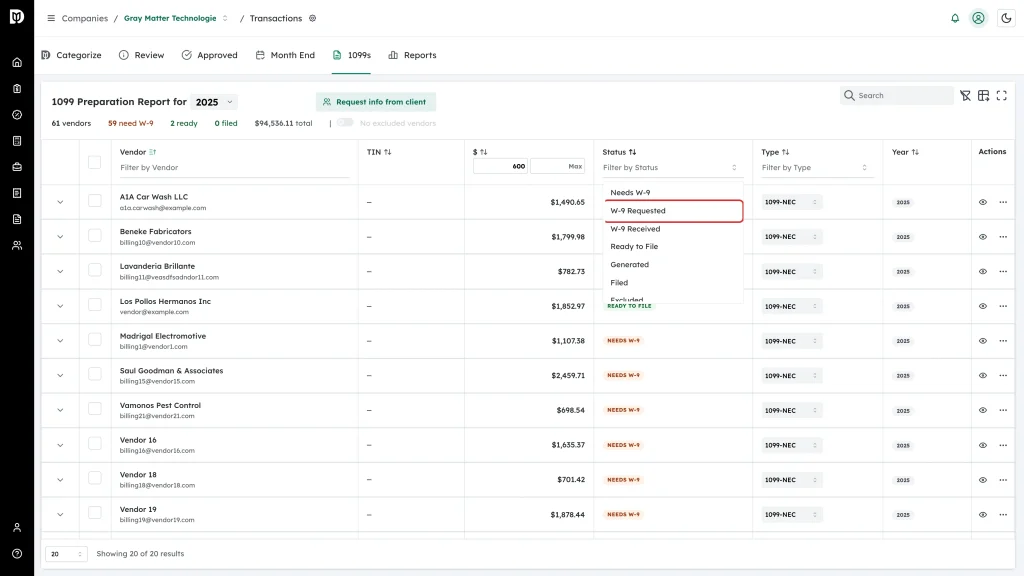 Highlighted Status filter open above the vendor table