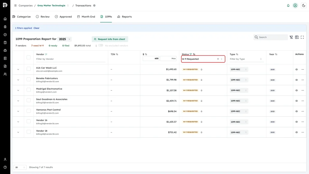 Highlighted Status filter set to W-9 Requested, with the table showing only those vendors