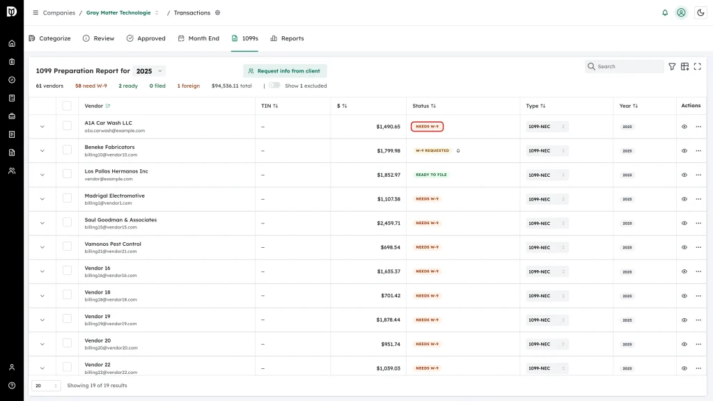 Highlighted Needs W-9 badge in a vendor row