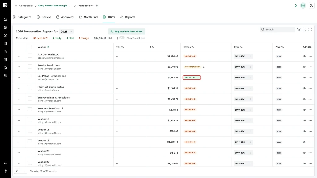Highlighted Ready to File badge in a vendor row