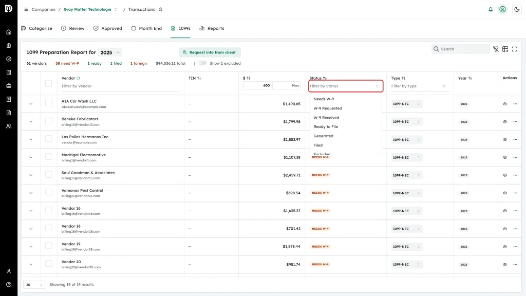 Highlighted Status filter with the seven status options listed