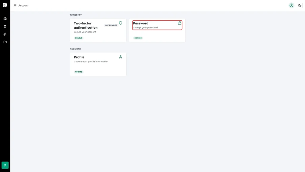 The Password card in the SECURITY section of the Account page