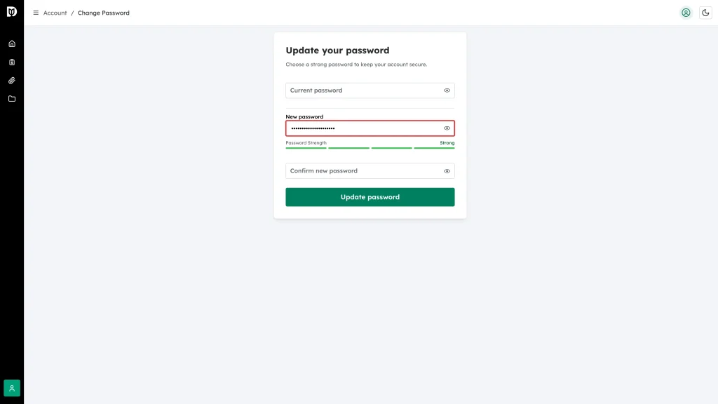 The New password field with the Password Strength meter beneath it