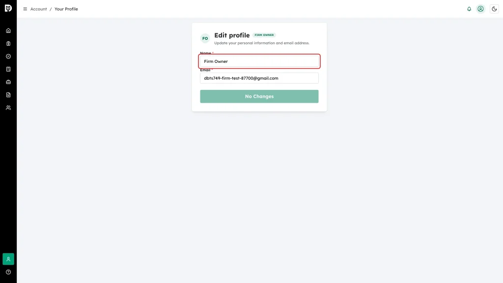 The Name field highlighted on the Edit profile form, with the Email field and save button below