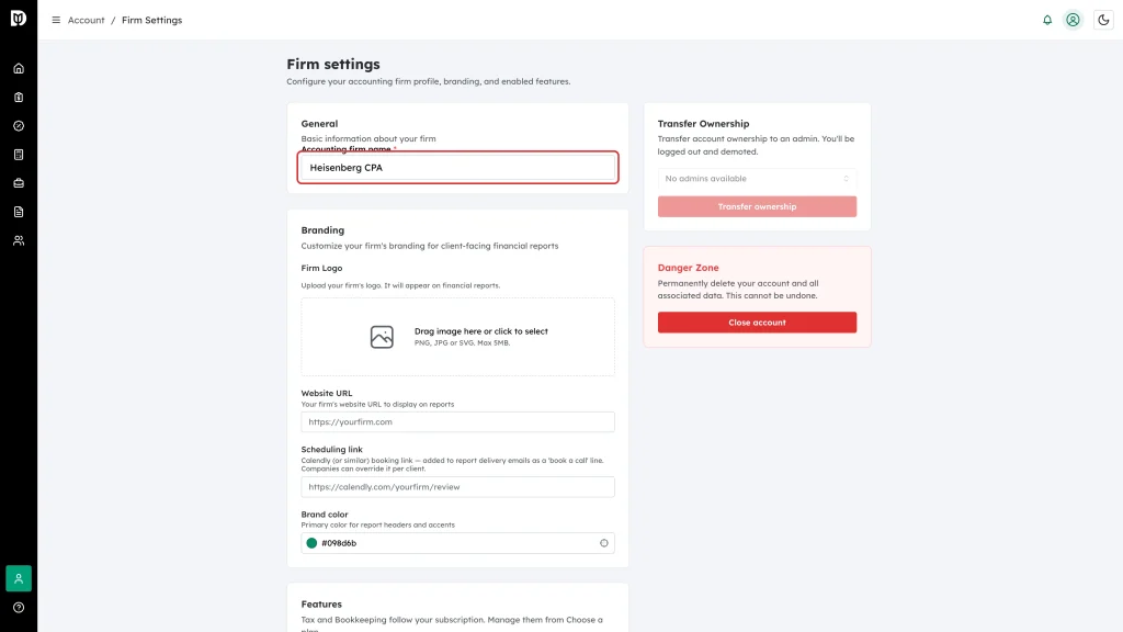 The Accounting firm name field highlighted on the Firm settings page