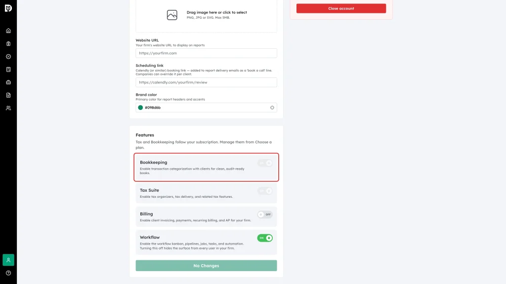 The read-only Bookkeeping service toggle highlighted in the Features section, shown ON but disabled because it follows the subscription