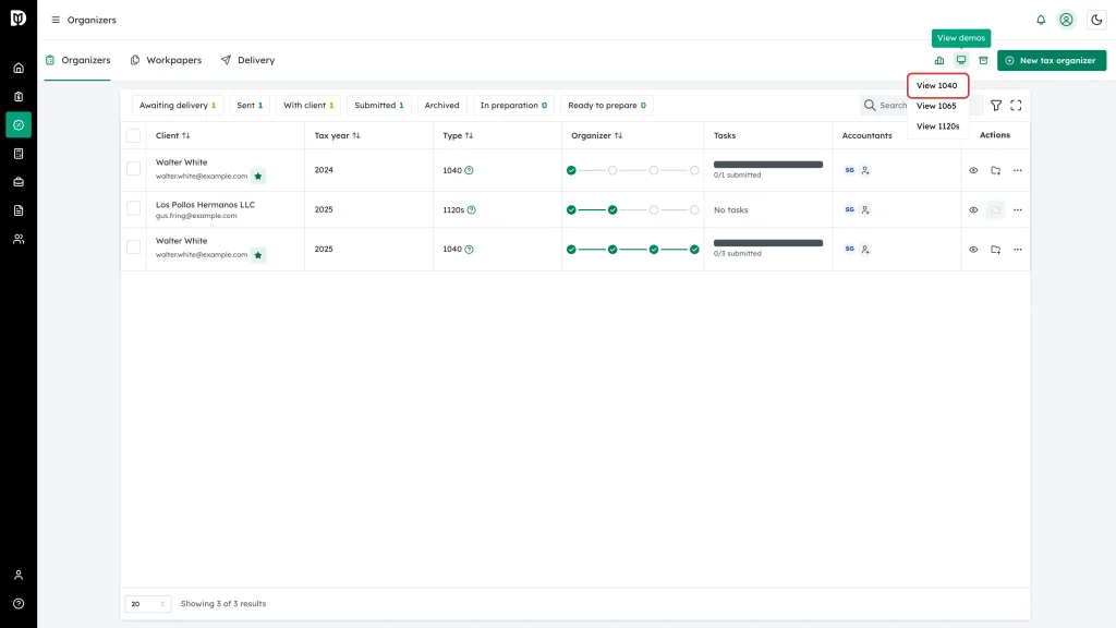The View 1040 item in the open View demos menu, highlighted, above View 1065 and View 1120s