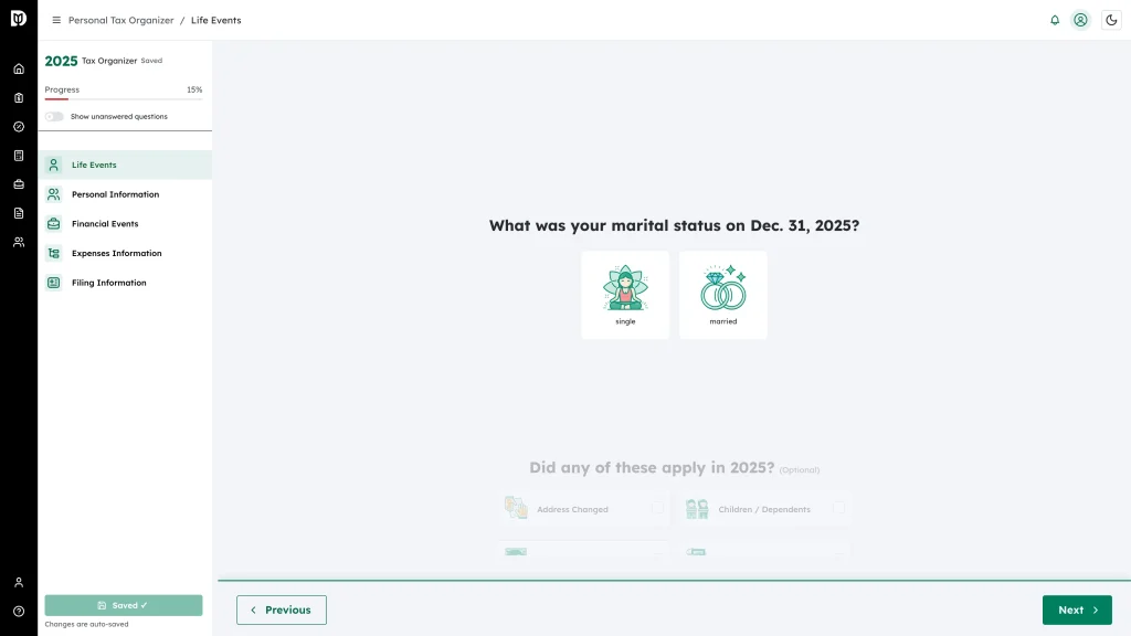 The sample 1040 organizer with its marital status question, section list, and progress bar