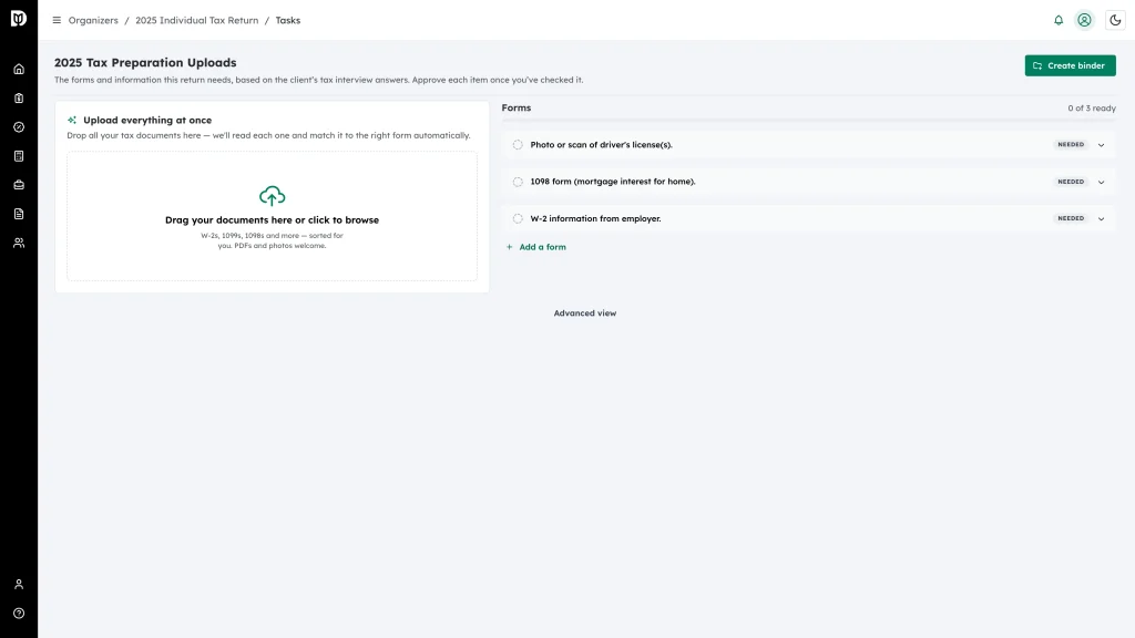 The 2025 Tax Preparation Uploads page with its bulk upload drop zone and the Forms checklist showing Needed badges