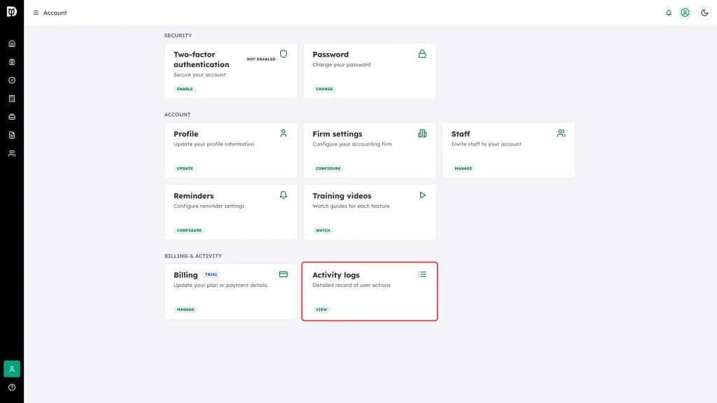 The Activity logs card on the Account page with its View link