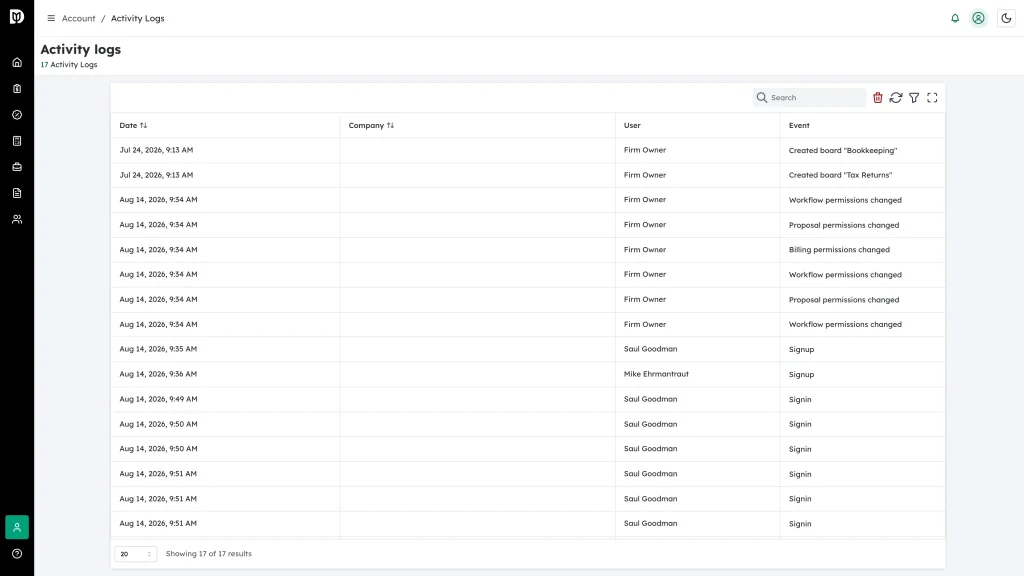 The Activity logs table with its Date, Company, User and Event columns