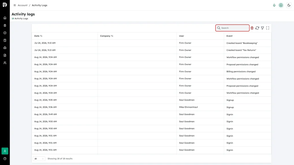The Search box in the activity log toolbar
