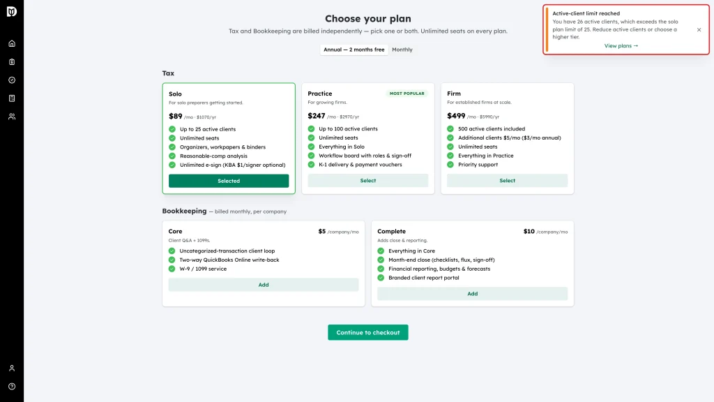 The Active-client limit reached notification with the client count and the View plans link