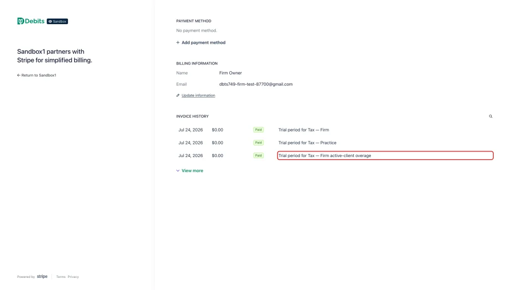 The active-client overage line in the billing portal invoice history