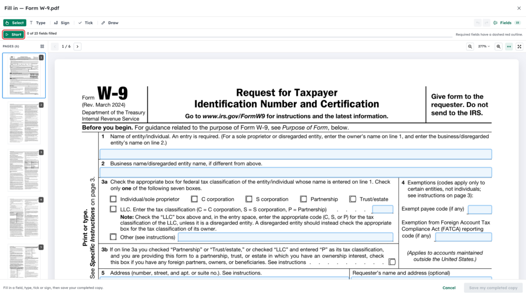 Start button highlighted at the top of the form