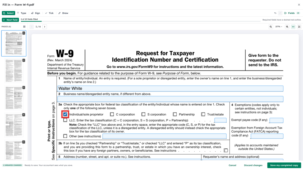 Individual/sole proprietor checkbox highlighted after ticking it