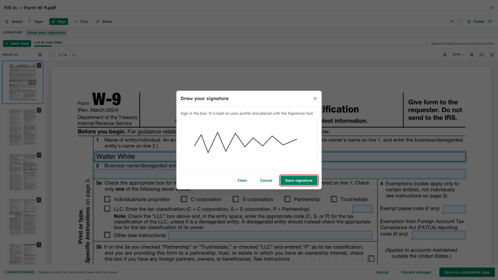 Save signature button highlighted in the Draw your signature window