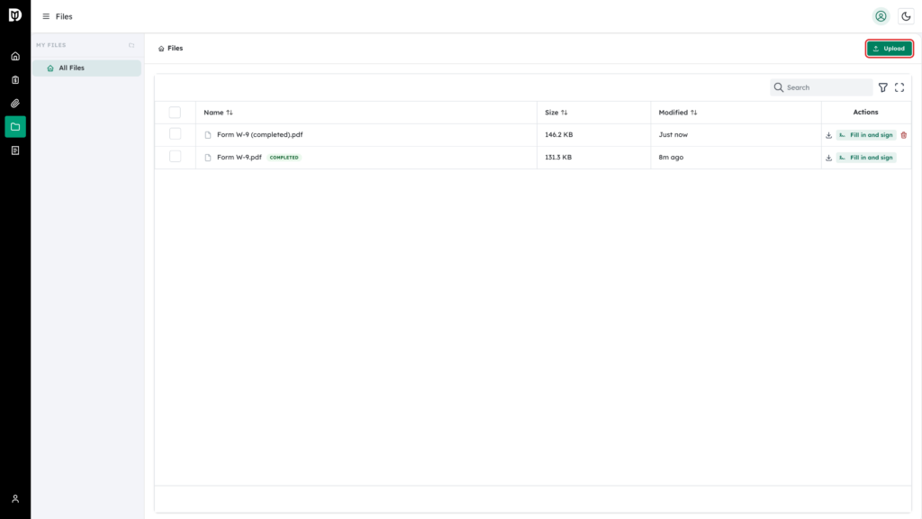 Upload button highlighted on the Files page